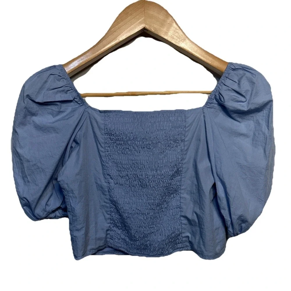 Banana Republic Cropped Puff Sleeve Button Down Blouse Light Blue Women's Sz XS‎